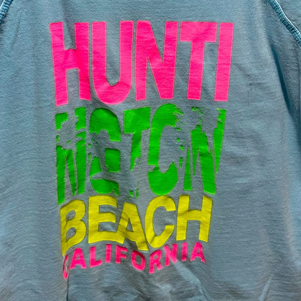 Light blue off the shoulder Huntington Beach sweatshirt